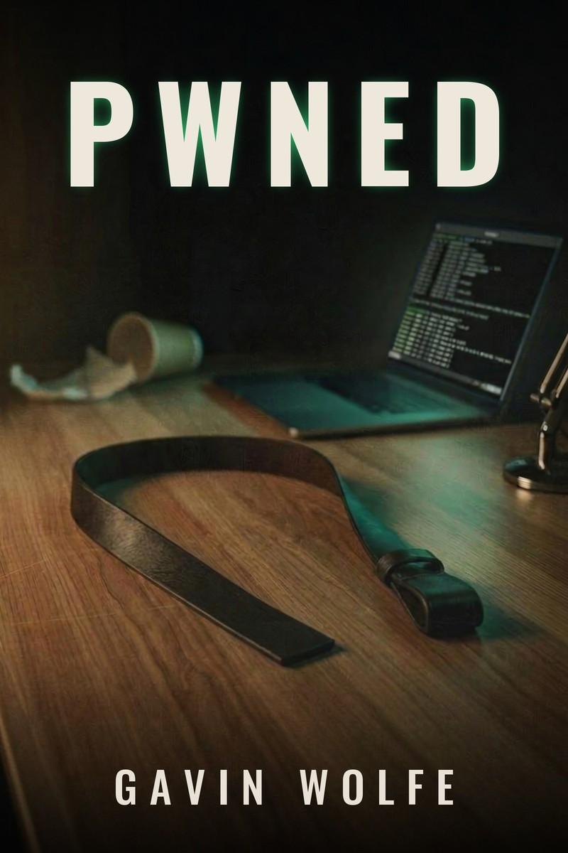 The cover of Pwned: a leather belt coiled on a wooden desk beside an open laptop showing a terminal, under the title in large letters.